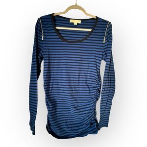 Michael Kors Royal Blue and Black Striped Zipper Shoulder Long Sleeved Tee Sz M